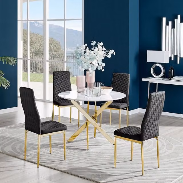 FurnitureboxUK Novara White Gloss Dining Table with 4 Milan Gold Leg Chairs in Black