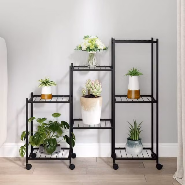 Berkfield Home Black Metal Flower Stand with Wheels, W/D/H: 25 x 83 x 83.5 cm – 1