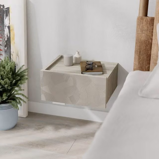 Decortie Onda Floating LED Bedside Table Nightstand with Drawer in Light Sand – 2