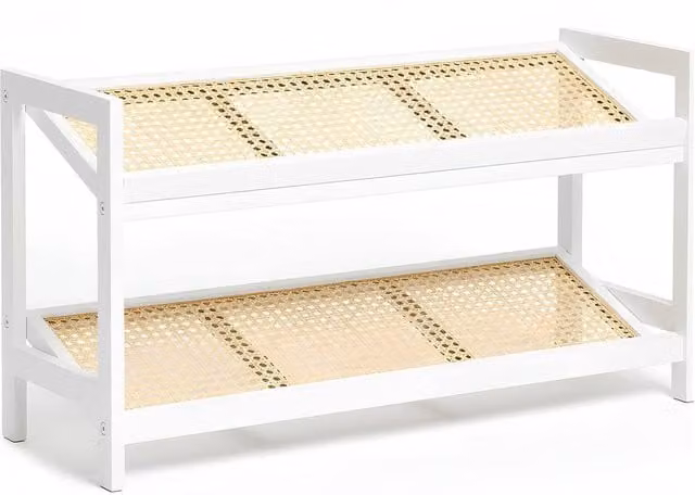 Keplin 2 Tier Bamboo and Rattan Shoe Organiser Rack in White and Natural, W/D/H: 70 x 29 x 33 cm – 1