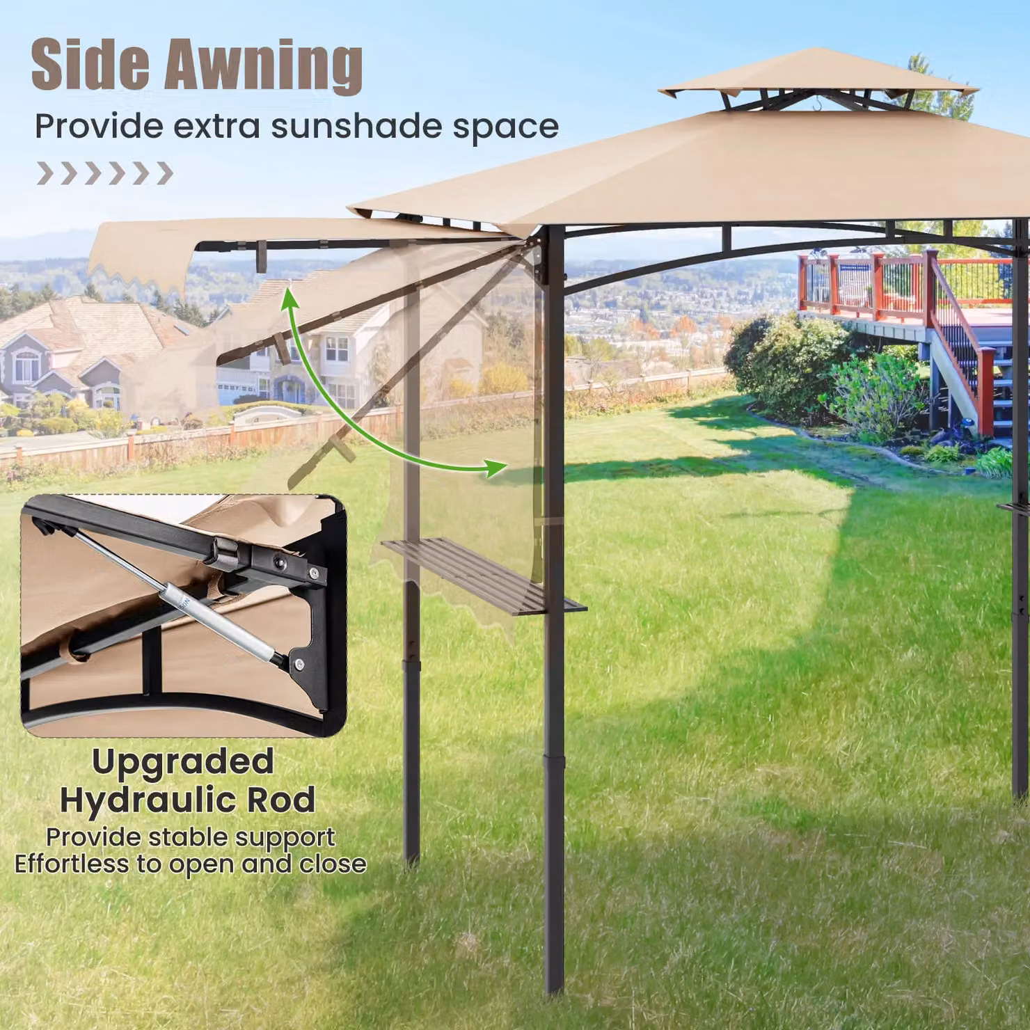 Costway Grill Gazebo Outdoor Barbecue Canopy Tent with Side Awning, Beige, W: 318 cm, D: 153 cm, H: 250 cm – 4