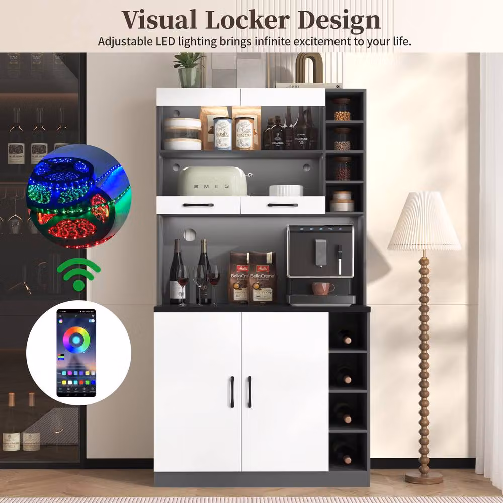 BTM Tall Kitchen Cabinet with LED Lighting and Adjustable Shelves in Grey and White, W/D/H: 69.4 x 47.0 x 188.0 cm – 2