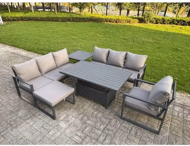 Fimous 8-Seater Aluminum Sofa Dining Set with Lifting Table and Side Table in Dark Grey