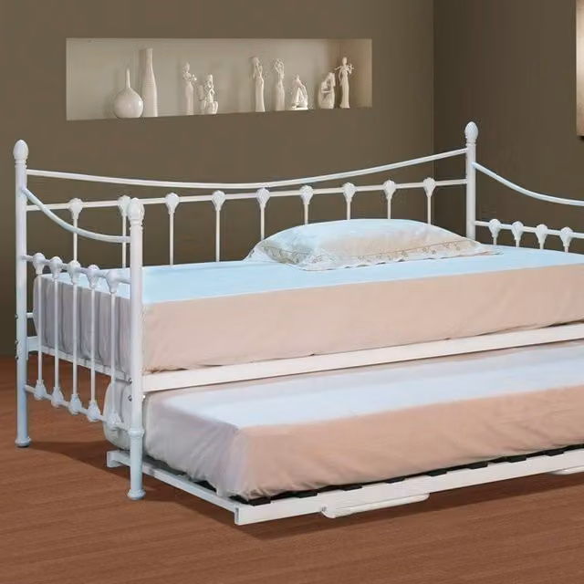 Comfy Living Vintage Metal Day Bed with Trundle in White, 90 x 190 cm