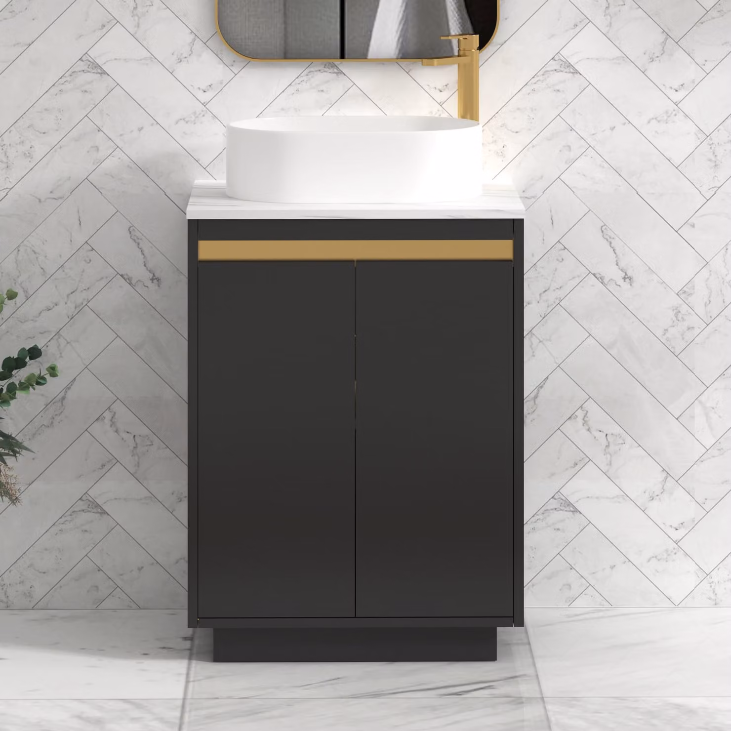 Royal Bathrooms Orion 600mm Matt Obsidian Black Floor Standing 2 Door Vanity Unit with Peak Basin and Brushed Brass Accent Trim