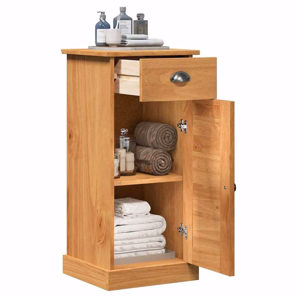 Berkfield Home VIGO Bathroom Cabinet in Brown Solid Pine Wood with Drawer and Shelves, W/D/H: 37 x 34 x 80 cm – 3