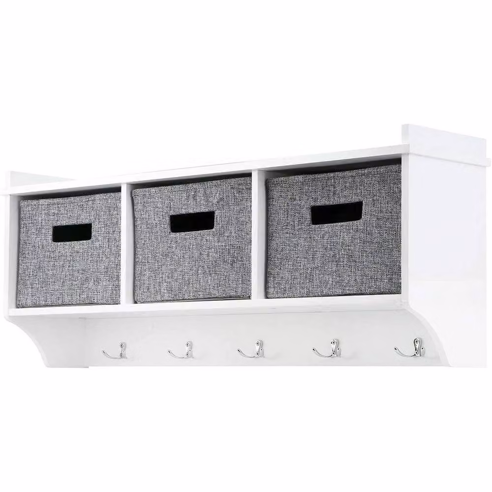 FORGEVIO White Wooden Storage Shelf and Coat Hook Rack – 5