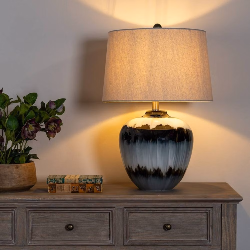 Lemon Pavilion Furniture and Decor Midnight Shadows Table Lamp in Black with Glass and Linen Shade, W: 40 cm, D: 40 cm, H: 61 cm – 2