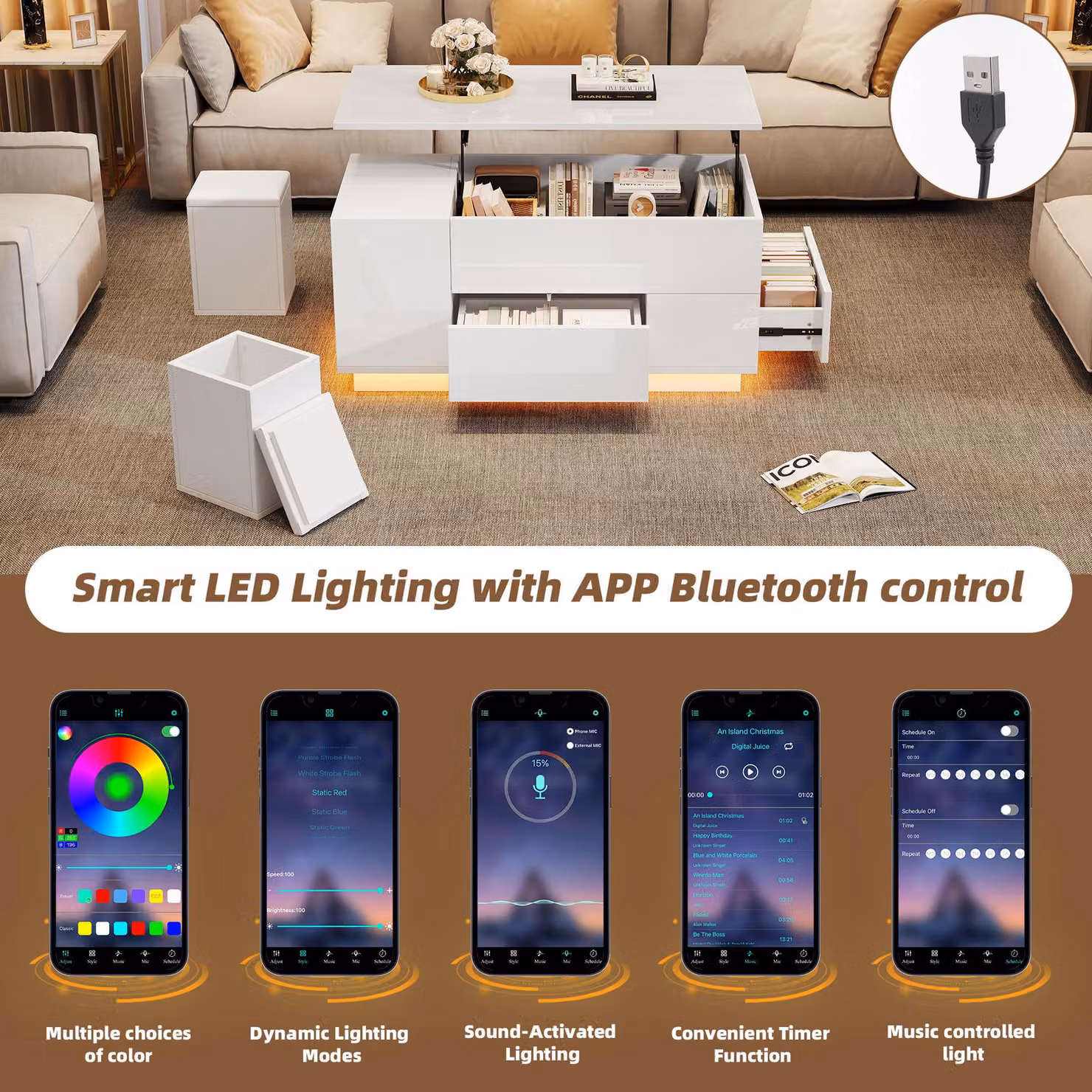 Aosom UK White Lift-Top Coffee Table with App-Controlled LED and 2 Storage Ottomans, W: 100 cm, D: 50 cm, H: 45 cm – 3