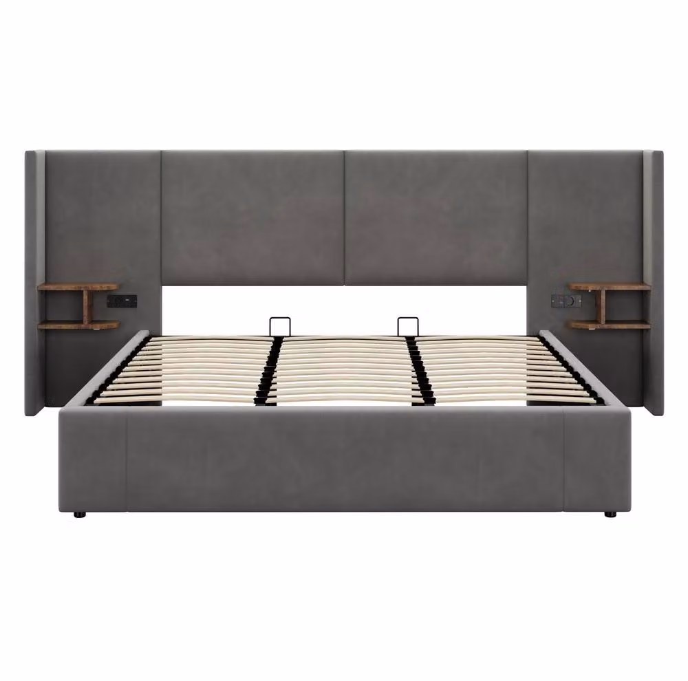 STILVORA Super King Ottoman Bed Frame with 2 Bedside Tables and USB Charging Ports in Grey Fabric – 5
