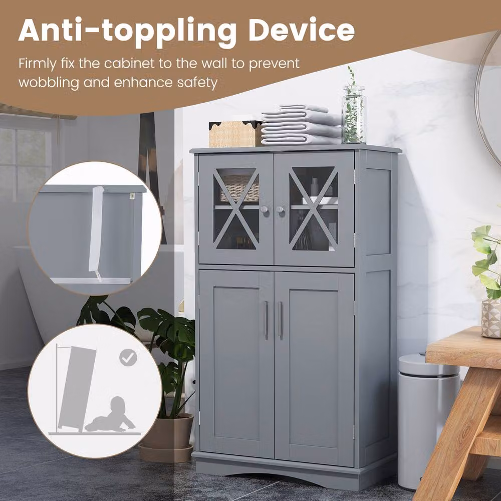 Gymax Grey Freestanding Bathroom Storage Cabinet with Glass Doors and Internal Shelves, Height: 108 cm – 5