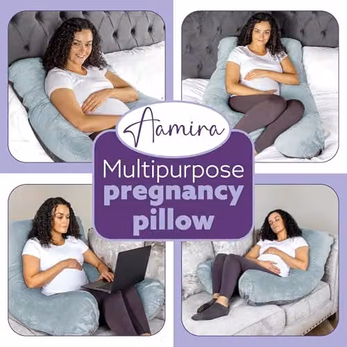 Aamira U Shaped Memory Foam Pregnancy Pillow in Blue and Grey Velvet – 7