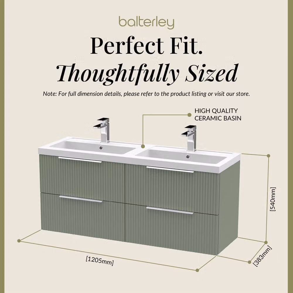 Balterley Fluted Wall Hung 4 Drawer Vanity Basin Unit and Basin, Satin Green, Width: 120 cm – 3