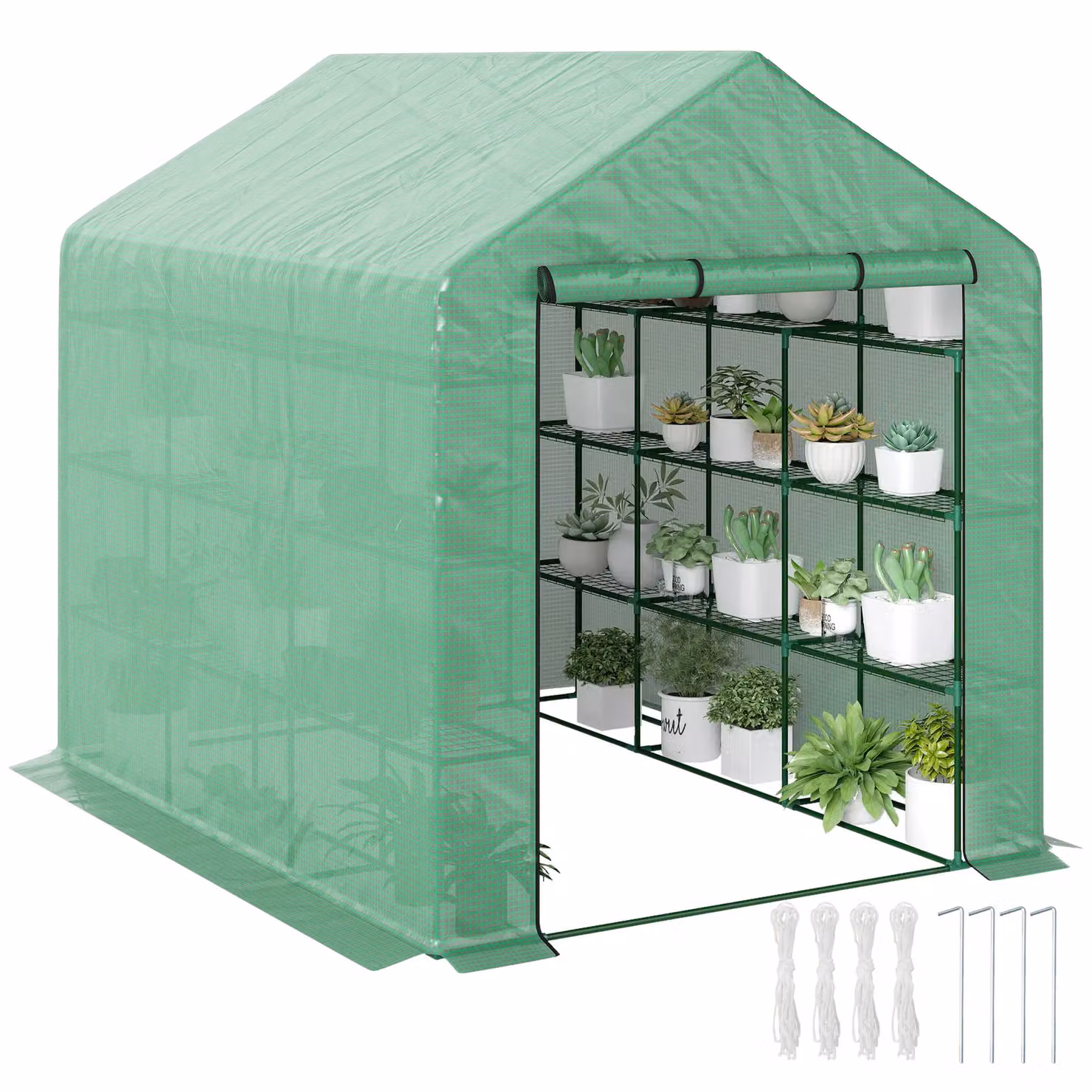 Outsunny Walk-in Garden Greenhouse Polytunnel with Shelving, Green, W/D/H: 180 x 210 x 244 cm – 2