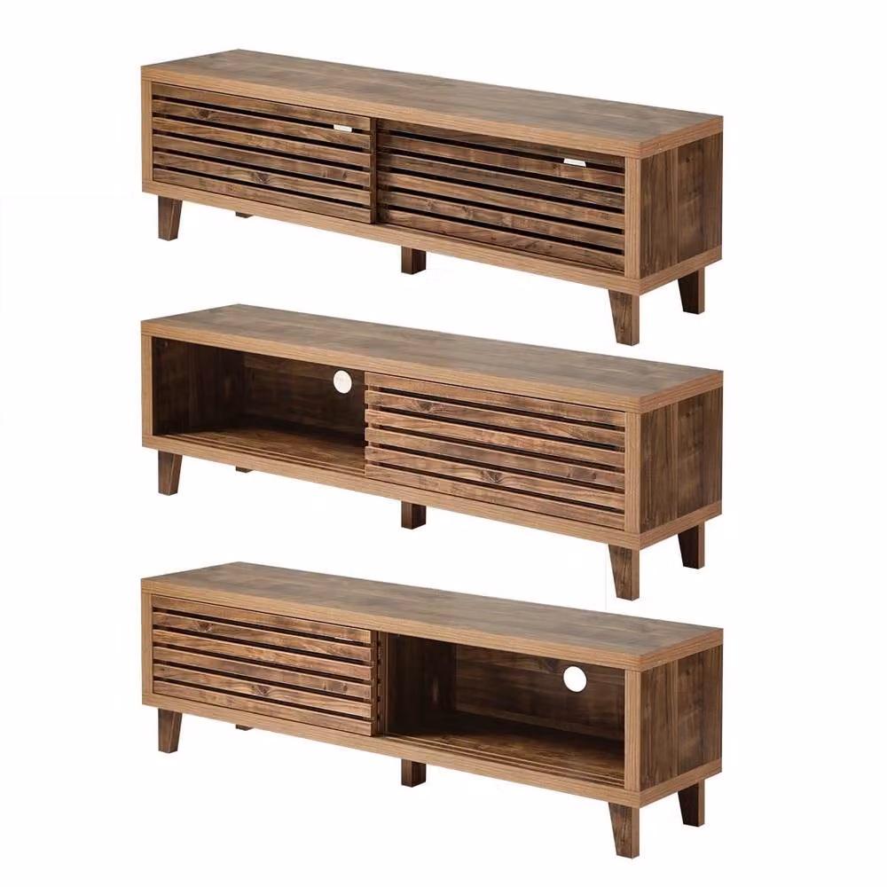 CALICOSY LIAM TV Stand with 2 Sliding Doors and Openwork Slats, Dark Brown, W: 140 cm, D: 35 cm, H: 45 cm – 3