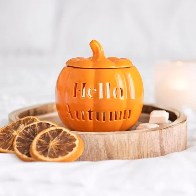 Uniqueful Hello Autumn Pumpkin Oil Burner, Orange Ceramic Tabletop Design
