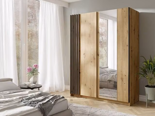 Vente-unique 2-Door Sliding Wardrobe with Mirror in Natural and Light Oak, W/D/H: 150.6 x 62.0 x 198.5 cm