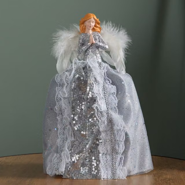 Samuel Alexander Silver Christmas Angel Tree Topper Decoration with Feather Wings, Height: 28 cm