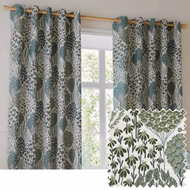 Wylder Ophelia Floral Room Darkening Eyelet Curtain Pair in Green, Width: 229 cm, Drop: 229 cm