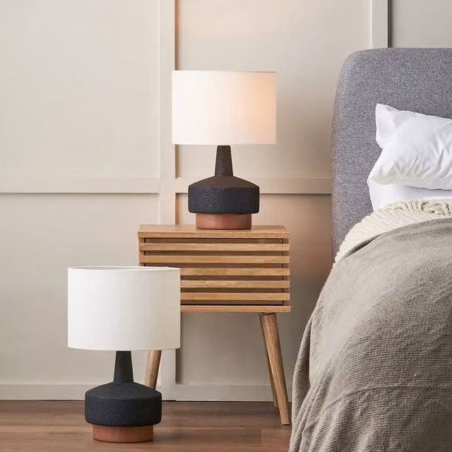 Pacific Lifestyle Set of 2 Elio Textured Ceramic Table Lamps in Black with Wood Effect