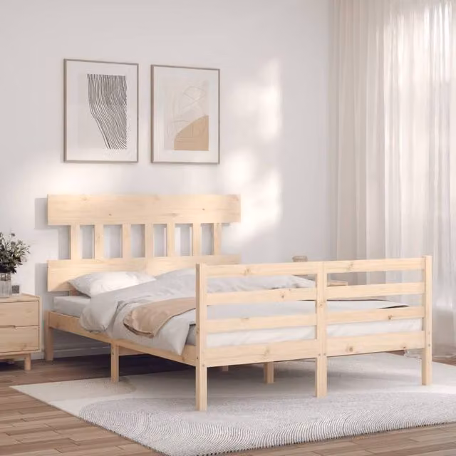 Berkfield Home Beautiful Small Double Solid Wood Bed Frame with Headboard in Beige – 1