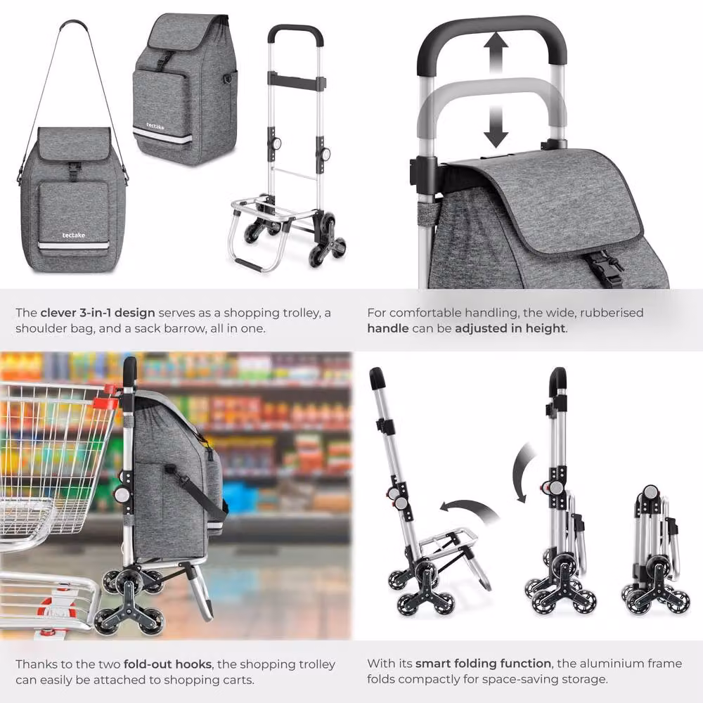 tectake 3-in-1 Foldable Shopping Trolley with Cooler Bag in Grey – 5