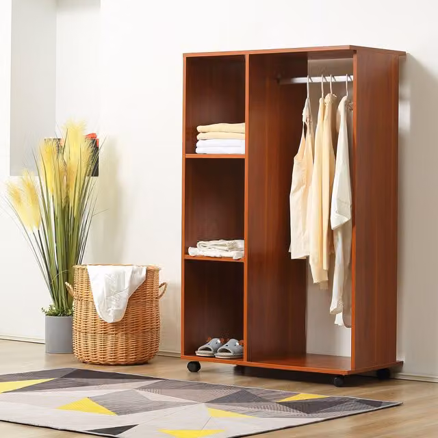 HOMCOM Rolling Open Wardrobe with Hanging Rail and Storage Shelves in Brown – 1
