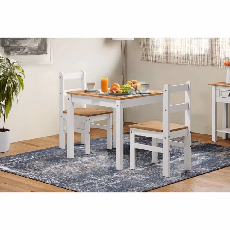 FORGEVIO White Rustic Pine Dining Table and 2 Chairs Set