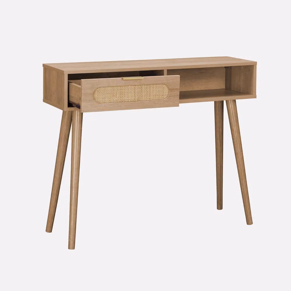sweeek Modern Wood and Cane Rattan Console Table in Light Brown, W: 100 cm, H: 81 cm – 2
