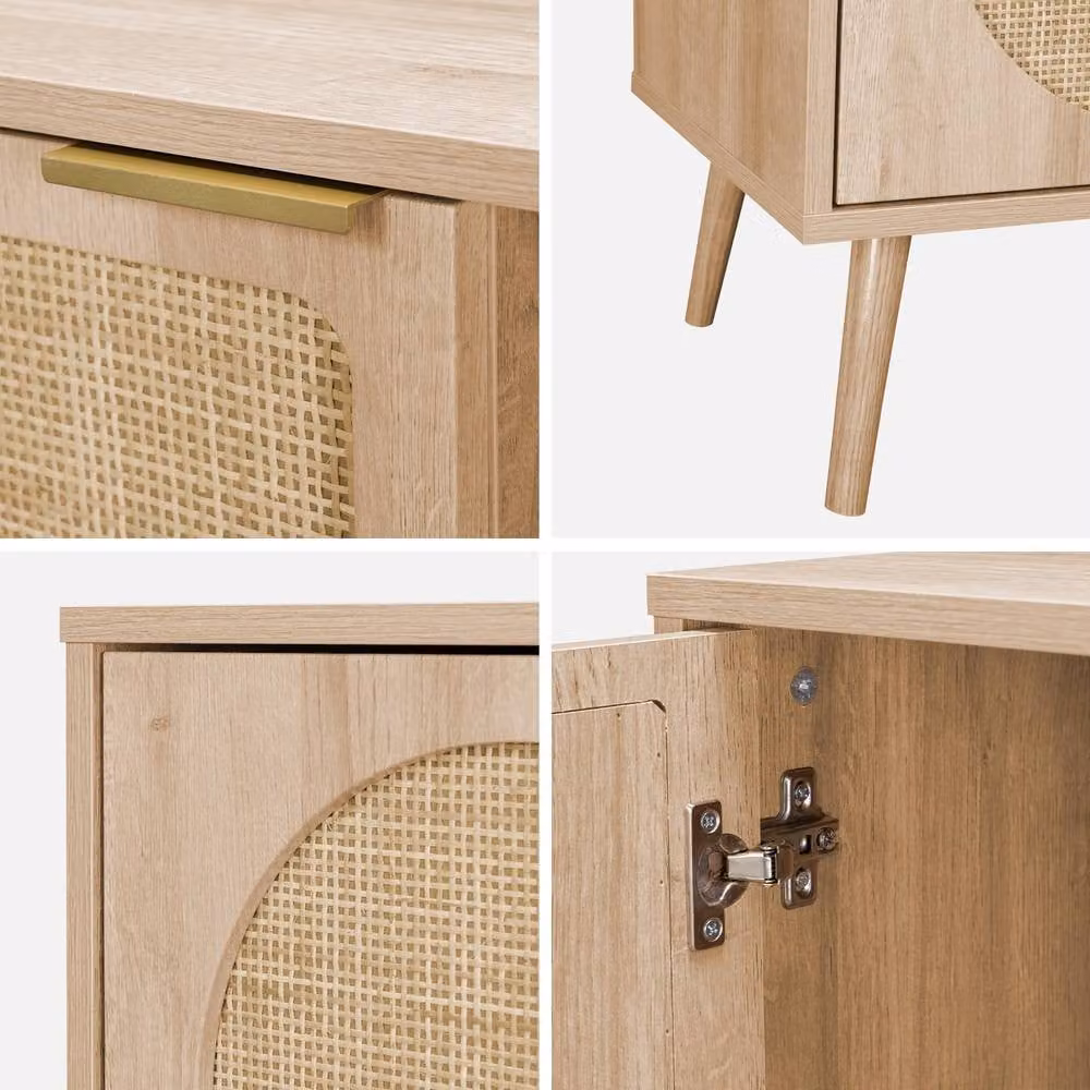 Sweek Modern Wooden Effect TV Unit with Rounded Cane Rattan Doors in Light Brown, Width: 120 cm – 3