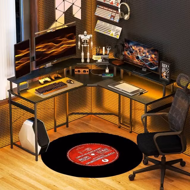 HOMCOM L Shaped Corner Desk with Power Outlet and LED Lights in Black