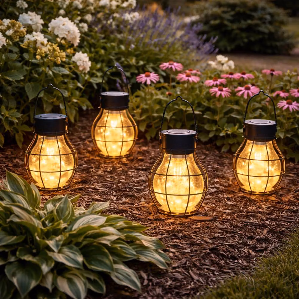 Gardenwize Pack of 4 Vintage Metal Solar LED Lanterns in Black with Warm White Light – 2
