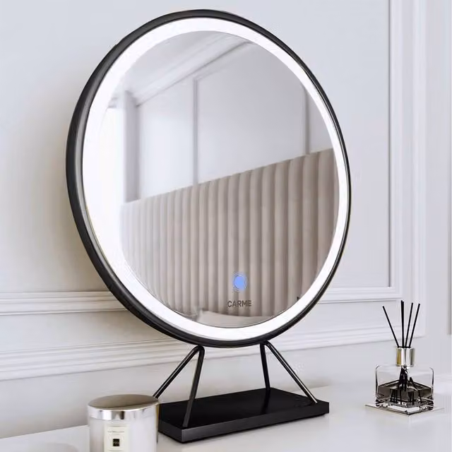 CARME Lucia Large Round LED Makeup Mirror with Touch Sensor and Black Metal Frame