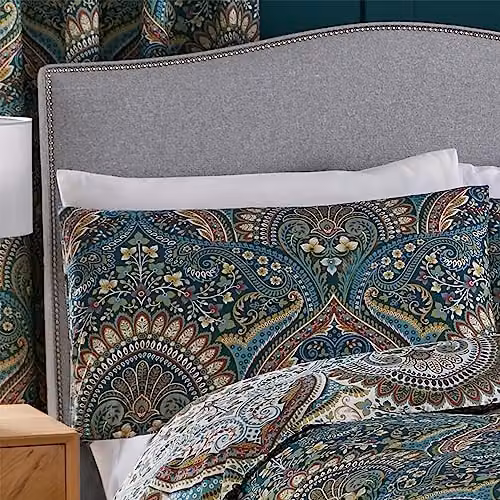 Dreams & Drapes Teal Jacobean Reversible Duvet Cover and Pillowcase Set, Blue and White Moroccan Boho Floral Design, W: 140 cm, H: 200 cm – 2