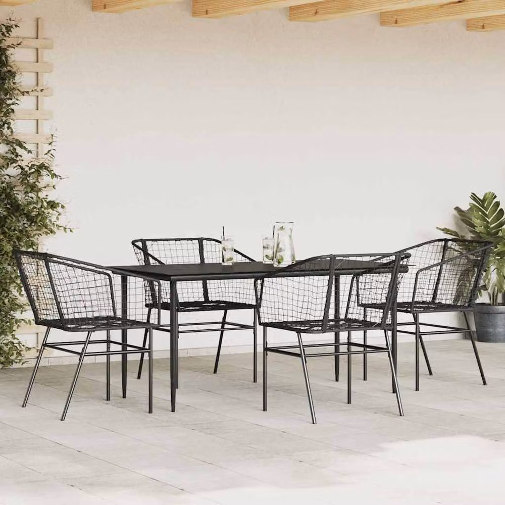 Berkfield Home 5 Piece Modern Garden Dining Set in Black Poly Rattan with Glass Top – 2