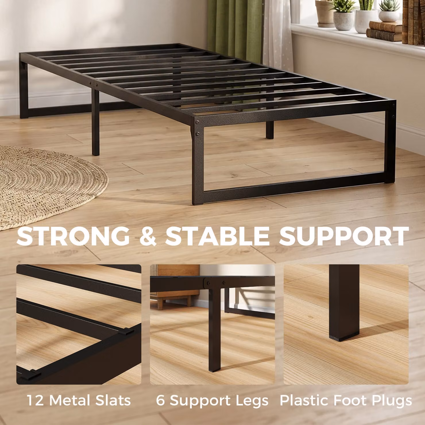 HOMCOM Single Bed Frame with Underbed Storage and Steel Slat Support, Black, W/D/H: 90 x 190 x 32.5 cm – 6