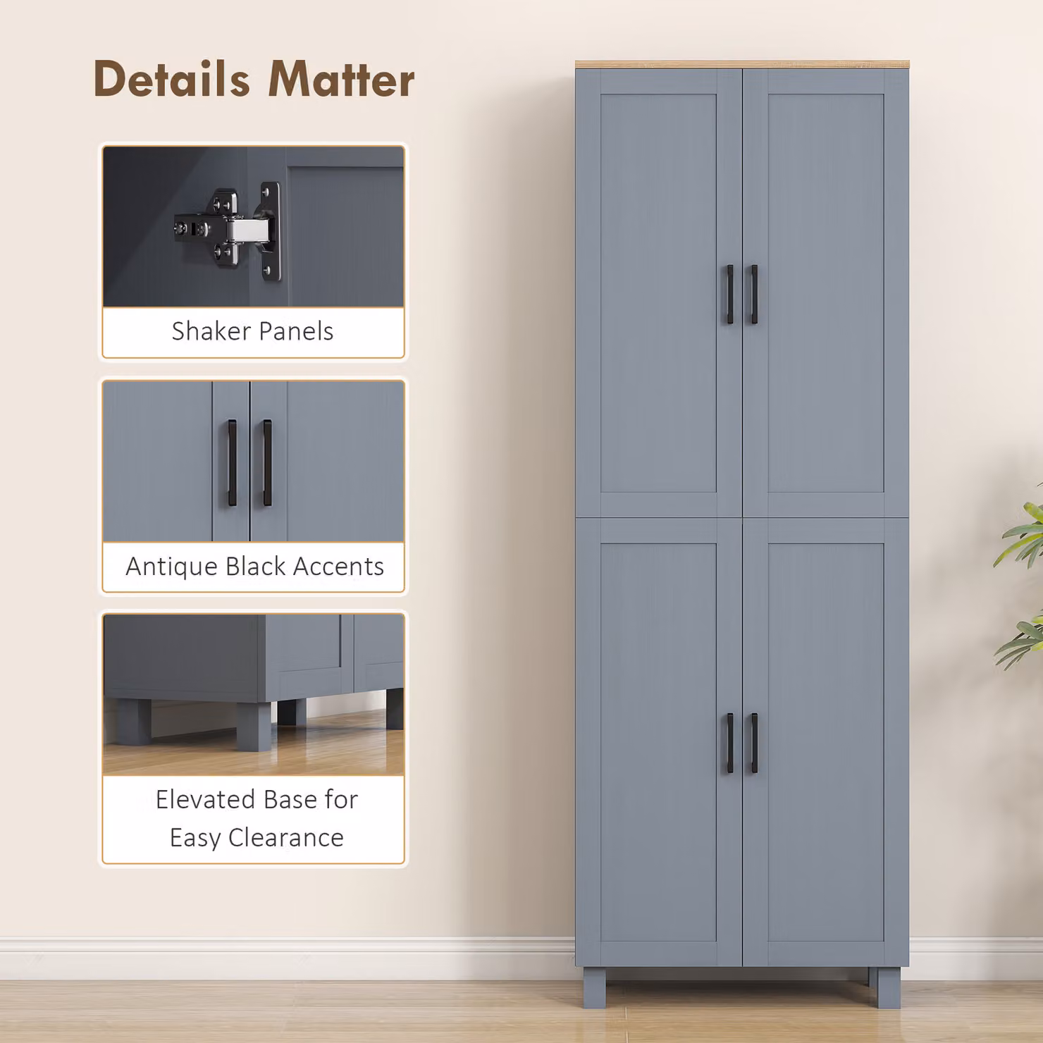 HOMCOM Modern Freestanding Kitchen Cupboard and Pantry Tall Unit with 4 Hinged Doors and Internal Shelves, Grey Wood Effect, Height: 170 cm – 5