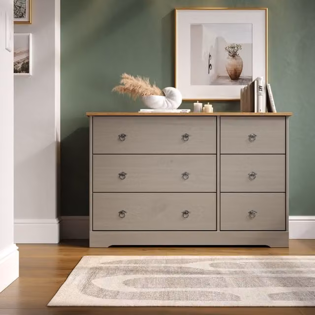 Corona Classic Grey Pine 3 plus 3 Drawer Wide Chest of Drawers in Grey Washed Wax
