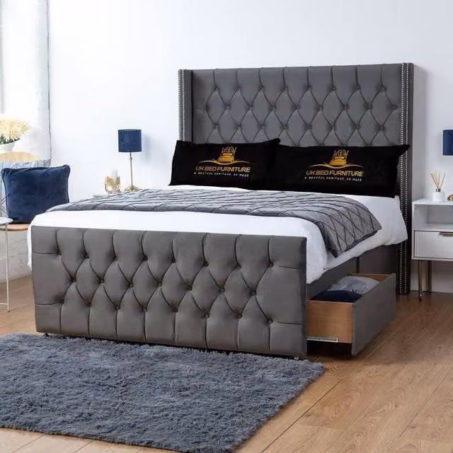 UK Bed Furniture Emily Wingback Divan Bed with 2 Foot End Drawers and 54 Inch Headboard in Grey, Size: 200 x 200 cm