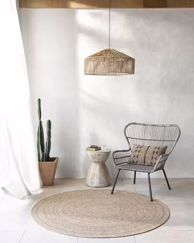 Livabliss Nova Round Boho Geometric Outdoor and Indoor Rug, Beige and Black, Diameter: 100 cm