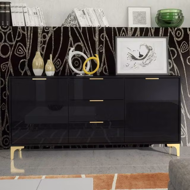 Mex Furniture LTD Goldline Glossy Black and Gold Sideboard, W: 140 cm, H: 80 cm, D: 35 cm