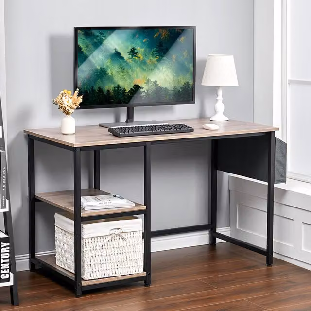 Livingandhome Modern Woodgrain Computer Desk with Side Storage Bag and Shelves in Grey and Black