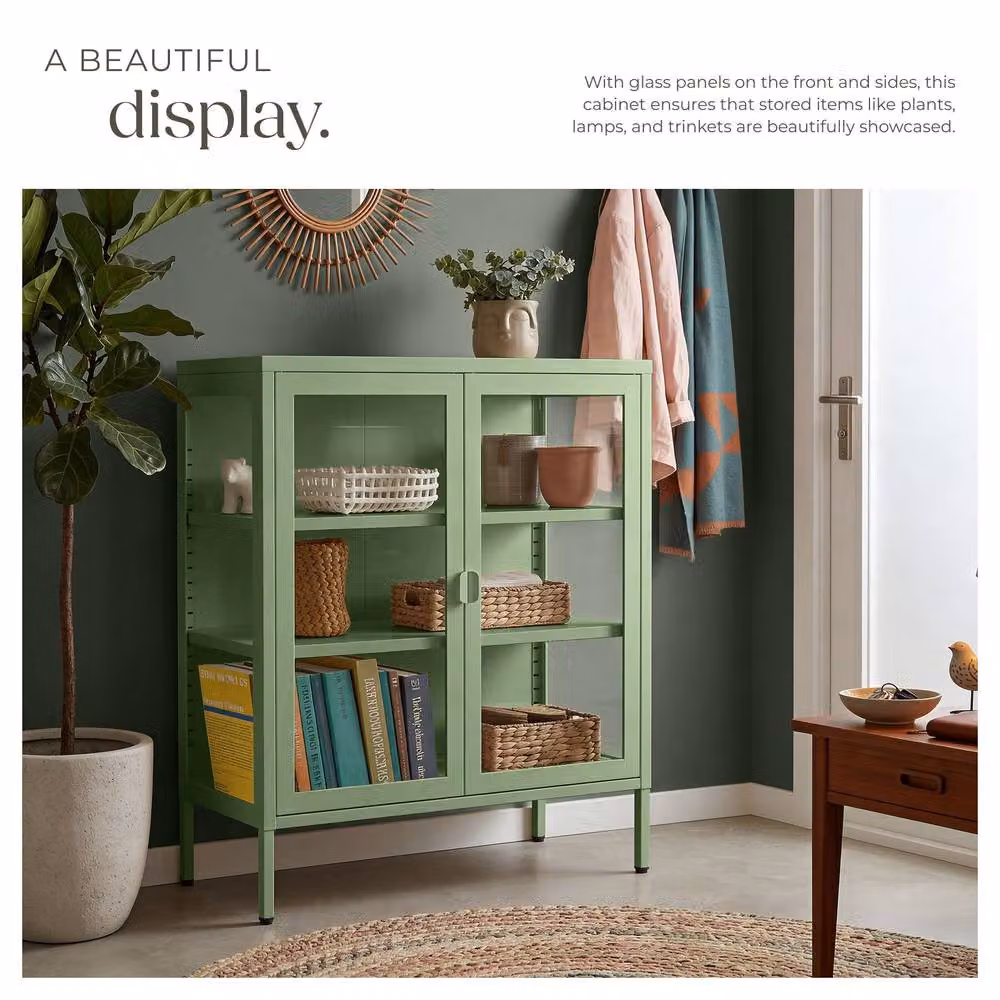 tectake Baker Metal Display Case with Glass Doors in Pale Green – 4