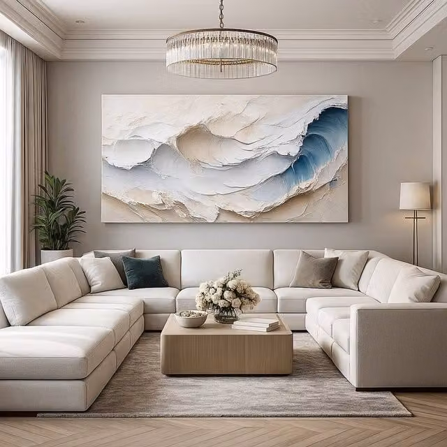 Mafett Large Canvas Ocean Wave Effect Wall Art Print in Beige and Blue, W: 120 cm, H: 80 cm
