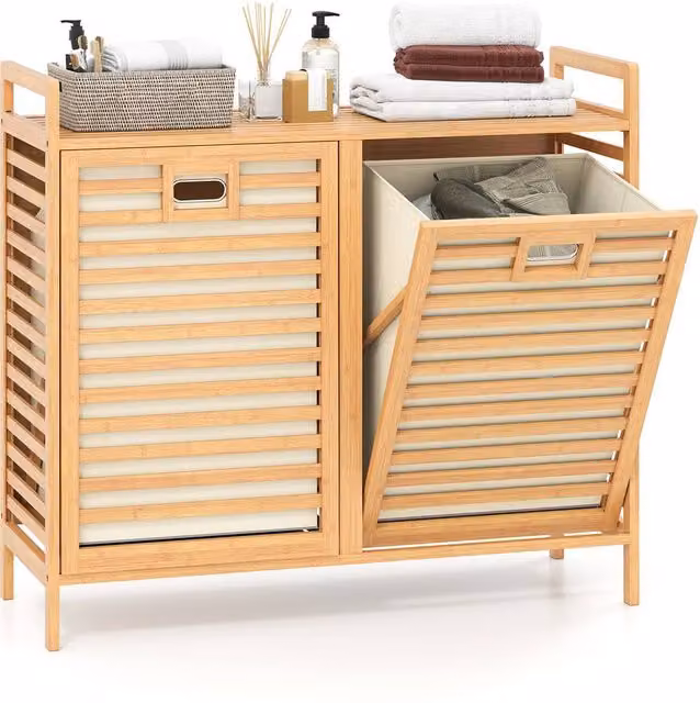 Gymax Double Tilt-out Bamboo Laundry Hamper Sorter, 75L, Beige