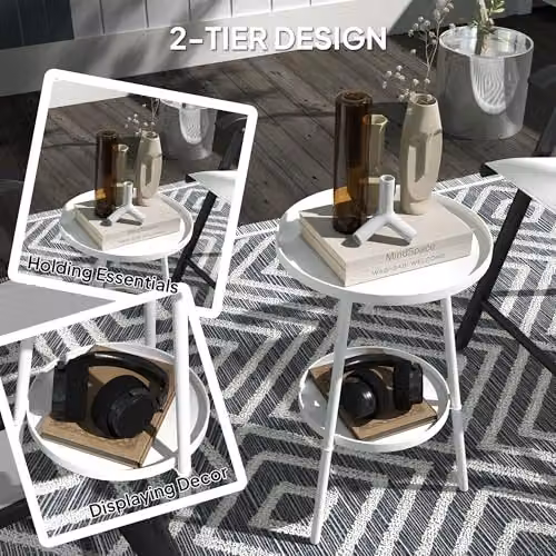 Outsunny 2-Tier Round Metal Garden Coffee Table, White – 4