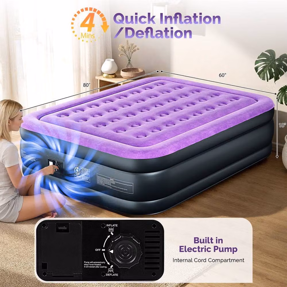 KORVIXA Purple King Air Inflatable Mattress with Built-in Electric Pump, Double Size – 3