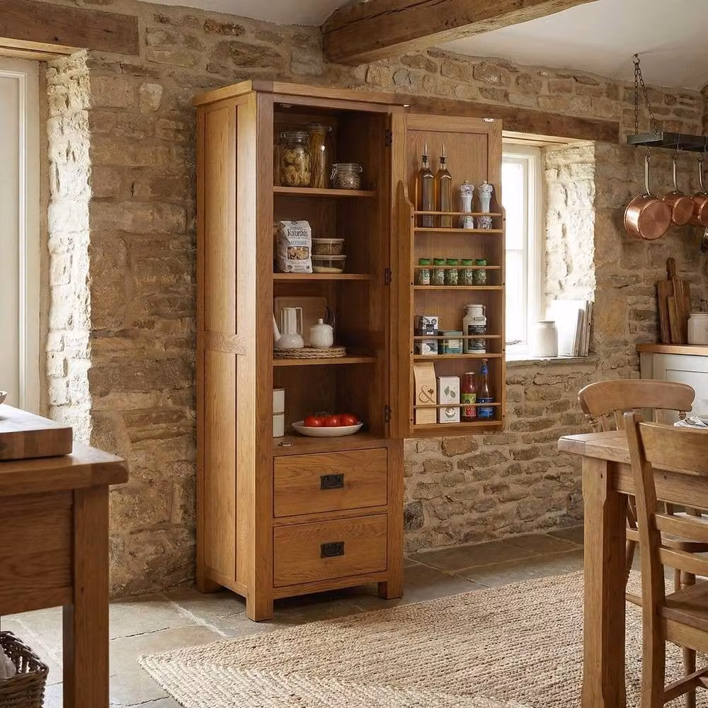 FORGEVIO Rustic Oak Pantry Cupboard in Brown and Black with Hinged Doors and Internal Shelves – 3