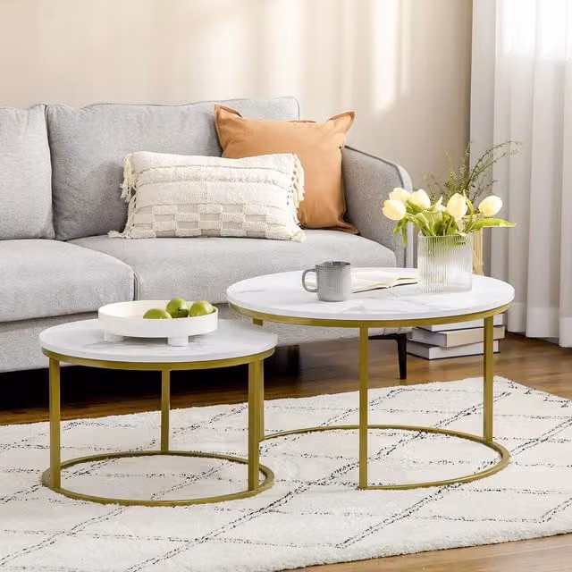 HOMCOM Set of 2 Round White Marble Effect Nest of Tables for your Living Room or Bedroom