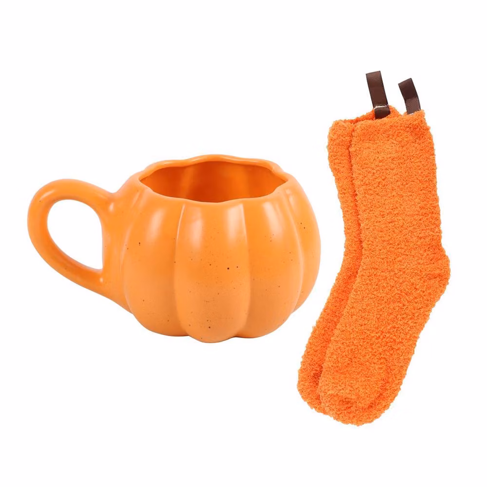 Marco Paul Orange Pumpkin Shaped Ceramic Mug and Socks Set, 450ml – 2